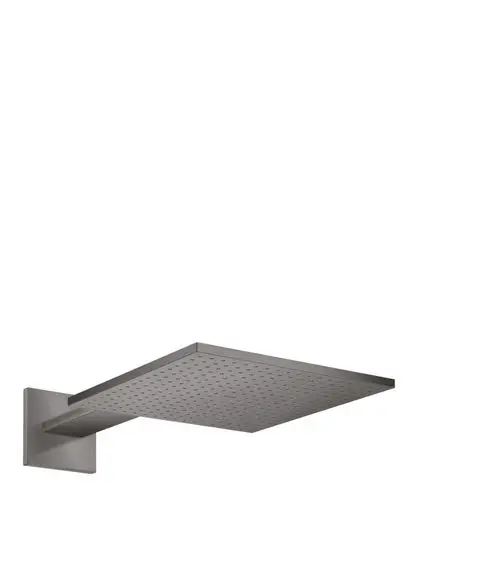 Axor Duschkopf mit flacher, quadratischer Oberfläche und Düsen im formativen Design, montiert an einer Wandhalterung in gebürstetem Schwarzchrom.